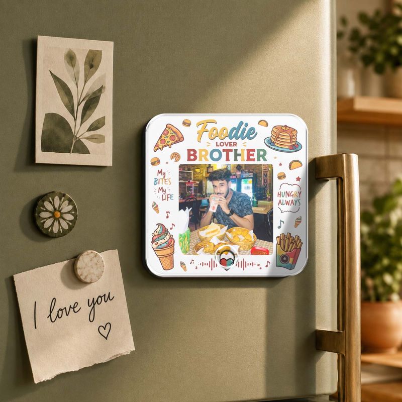 Personalized Foodie Lover Brother Musical Fridge Magnet Modern Gifting Item | Rechargeable Sound Magnet Funny Gift for Bhai Food Lover Bhai Gift for Food Enthusiast